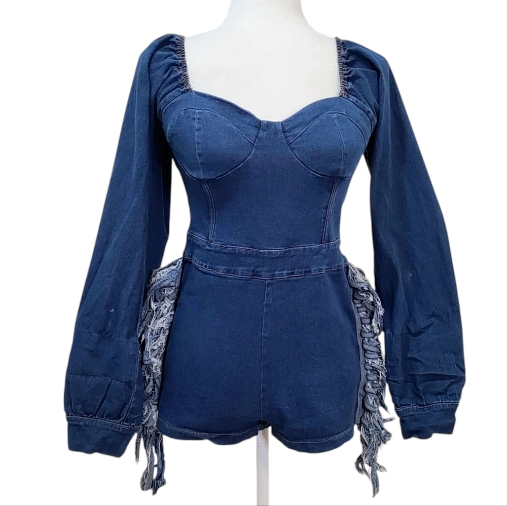 Denim Romper Long Sleeve Frayed Fringe Blue Jean‎ Jumpsuit Western Rodeo Country